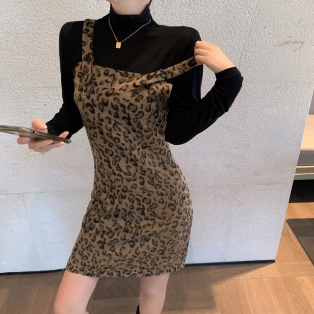 Suhao one-piece suit wanita retro temperamen berleher tinggi bottoming top leopard strap dress net merah fashion dua potong trendi