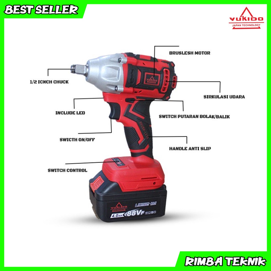 YUKIDO 48V IMPACT WRENCH CORDLESS - Mesin Impact Wrench Baterai Charger Pembuka Baut Buka Baut YUKIDO