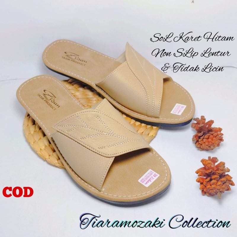 Sandal Kulit Wanita Papirut Sendal Slop Slide Flat Nonslip Motif Daun