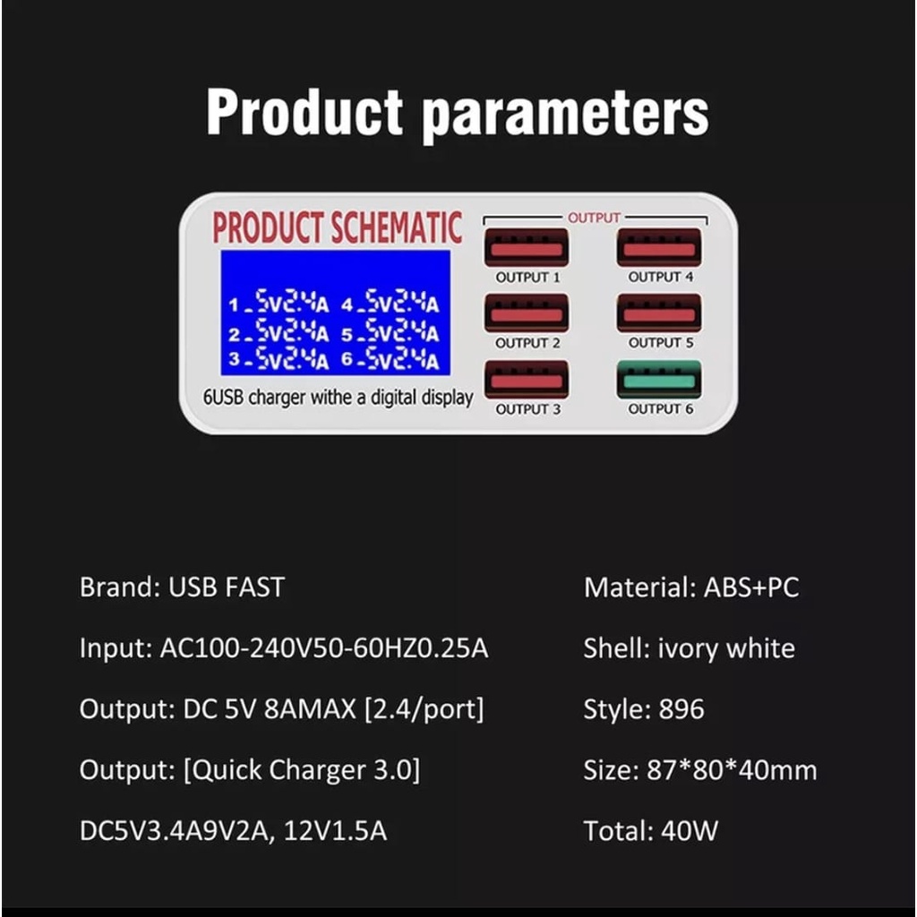 Multiport USB Smart Charging Station LCD Display Fast Charging 40w
