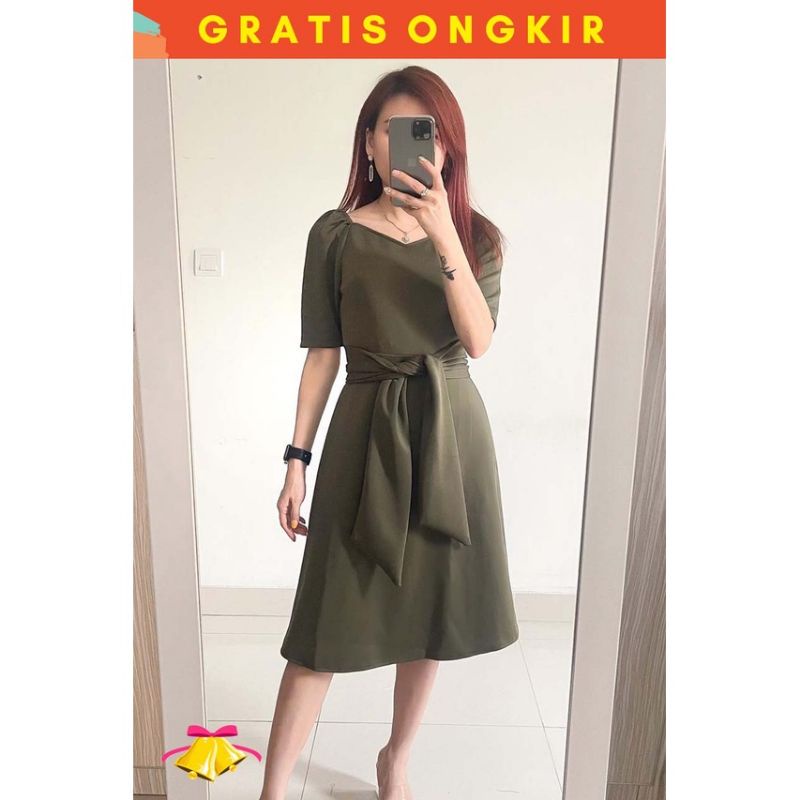 Casual Midi Dress Wanita Flare Belt