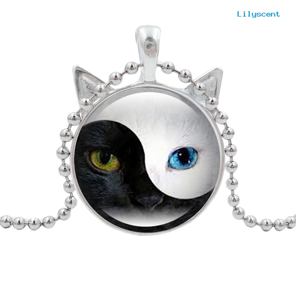 [LS] Wanita Tai Chi Yin Yang Kucing Kaca Liontin Kalung Rantai Perhiasan Hadiah