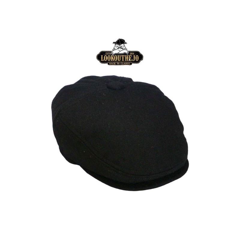 TOPI VINTAGE FLAT CAP BLACK WOOL ORIGINAL LOOKOUTHEJO