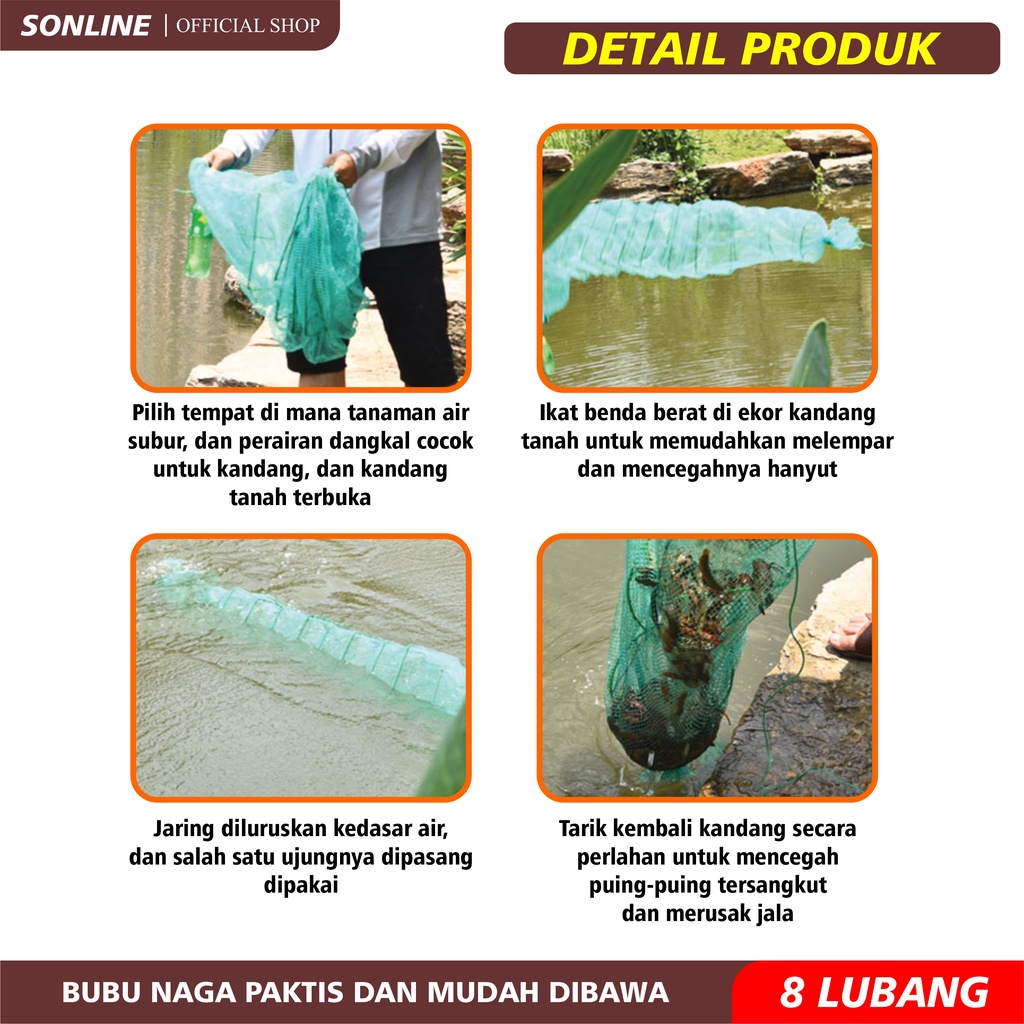 SONLINE Bubu Naga Hijau 2.5 meter / 2.5m Bubu Naga Perangkap Ikan Udang Kepiting Lobster 14 Ruas 7Lubang