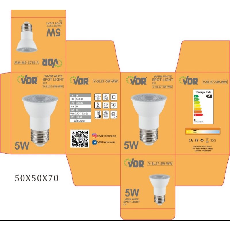 Vdr led sorot halogen e27 spotlight leher panjang 5 watt. 5W nyala kuning e-27