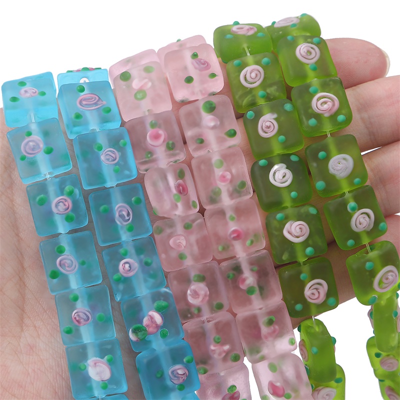 2pcs 12mm Manik-Manik Kaca Frosty Hand-Painted Lucu Bunga Square Charm Beads Untuk Kalung Gelang Anting DIY Membuat Perhiasan