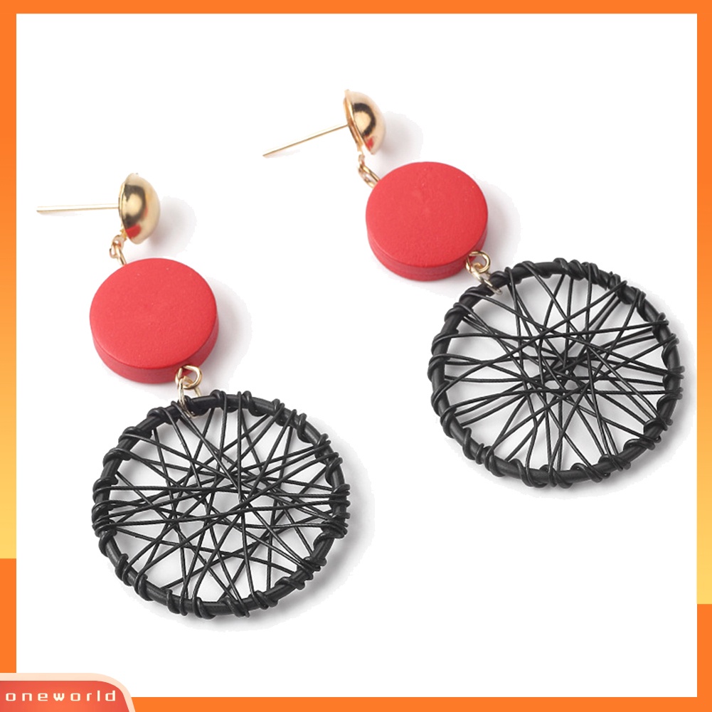 [WONE] Vintage Wanita Kayu Bulat Dreamcatcher Statement Stud Earrings Perhiasan Hadiah