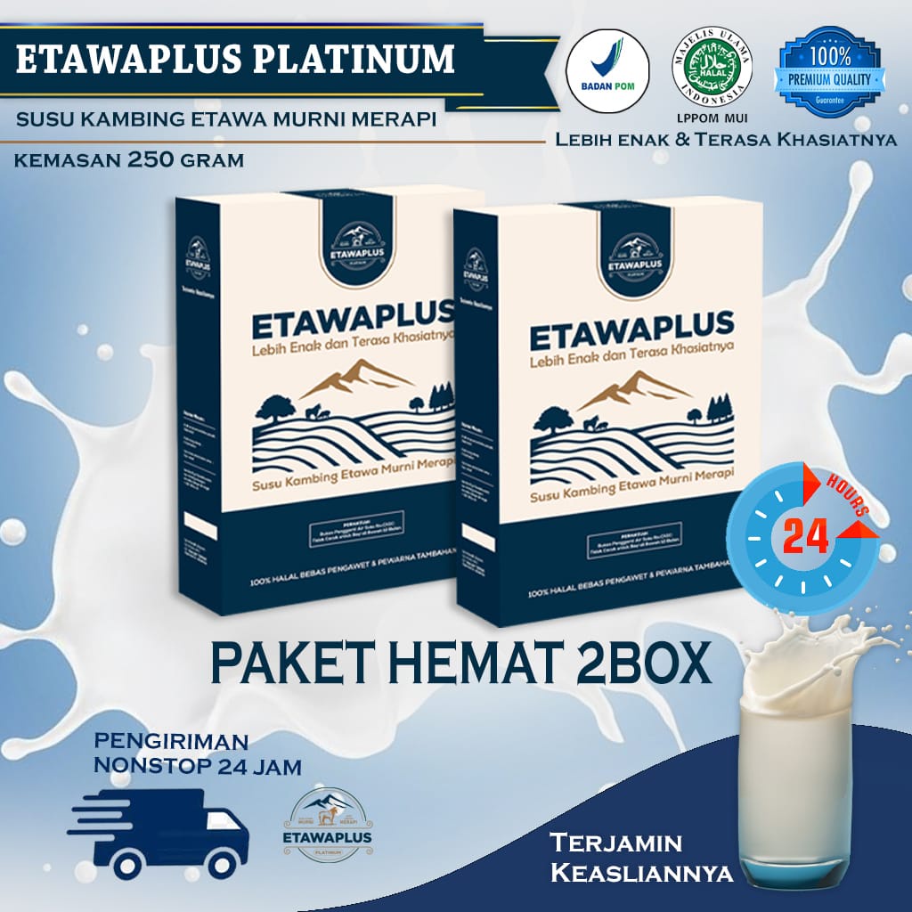 

PAKET 2 BOK ETAWAPLUS PLATINUM Susu Kambing Etawa Murni Merapi - EFEKTIF Untuk Keluhan Pernafasan, Kepadatan Tulang, Asma, Anemia, Tingkatkan Daya Tahan & Imunitas Tubuh