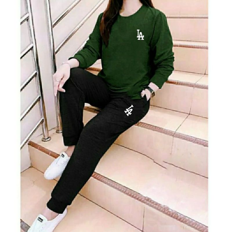 Setelan Wanita One Set LA Lengan panjang+celana jogger keren dan Trendy adem