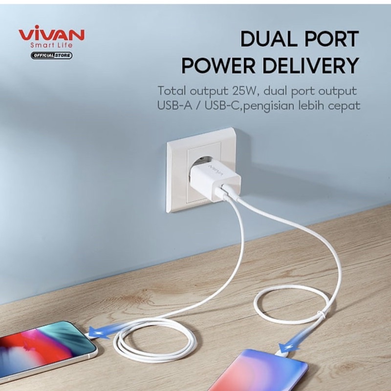 (VIVAN-25W) POWER ADAPTER CHARGER DUAL PORT USB A DAN USB C PD FAST CHARGING QC3.0 25 WATT S20/S21 FE/A33/A53/A72/M52/XR/11/12/13/PRO MAX