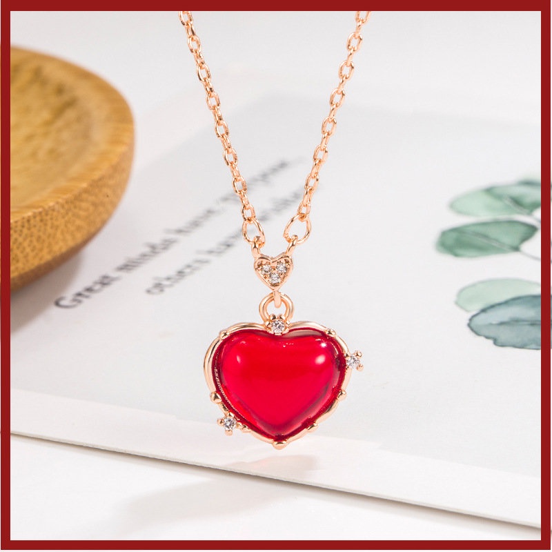Rantai Klavikula Ultra-Halus Hati Merah Kecil Retro Untuk Wanita U1125