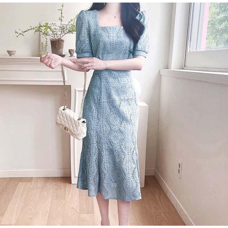 Casela Dress Lace Korean Mewah Elegant Simple Manis Sopan Rapi Party Midi Ribbon Pink Blue Cream Can