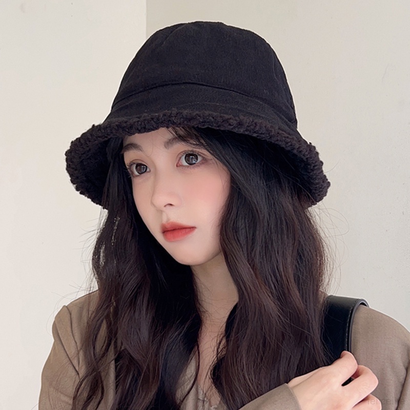 Wanita Topi Bucket Hat Menebal Retro Bulu Domba Memakai Dua Sisi Memakai Topi Nelayan Hangat