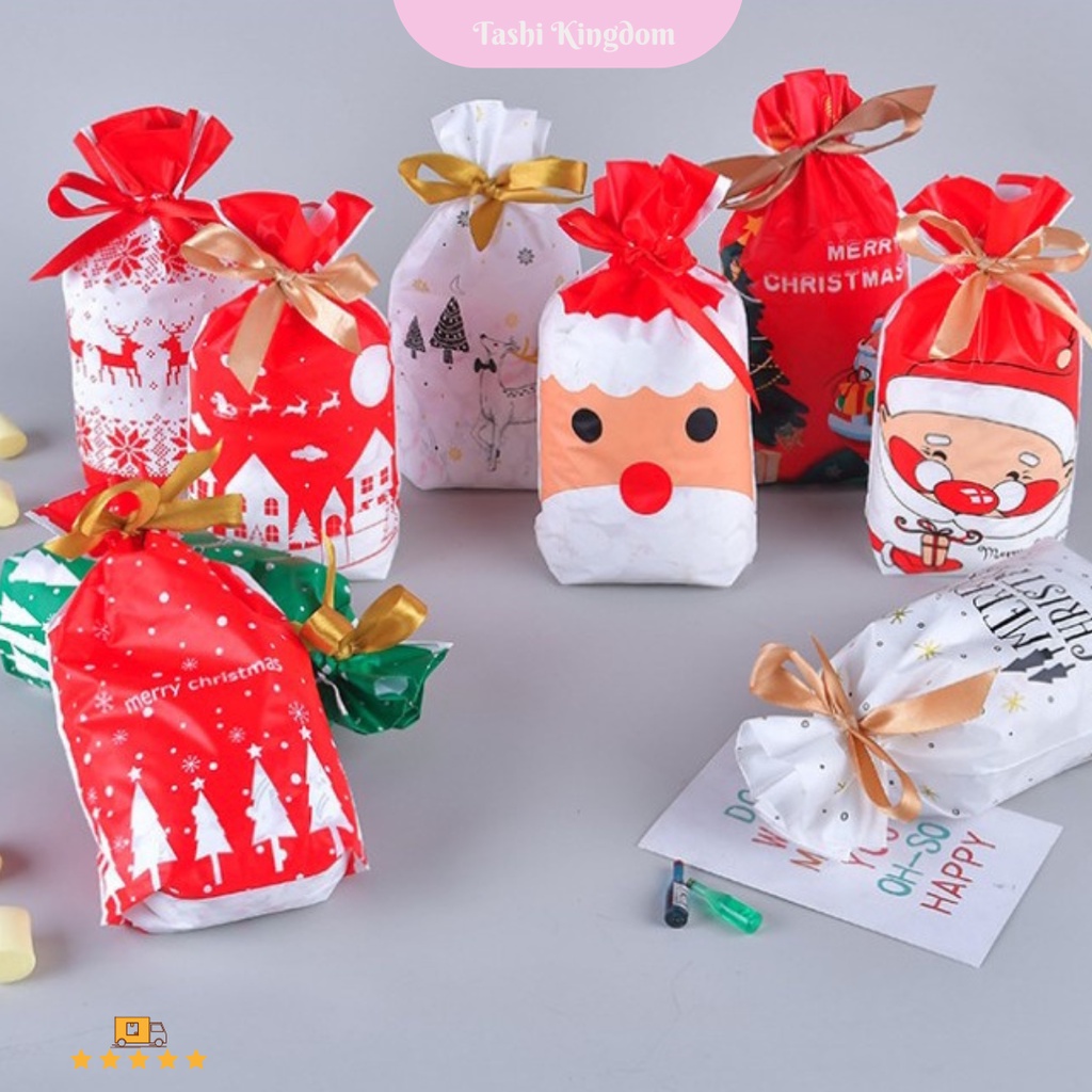 

Plastik natal / kantong packing cookies natal / kantong souvernir natal , plastik x'mas , plastik pita natal