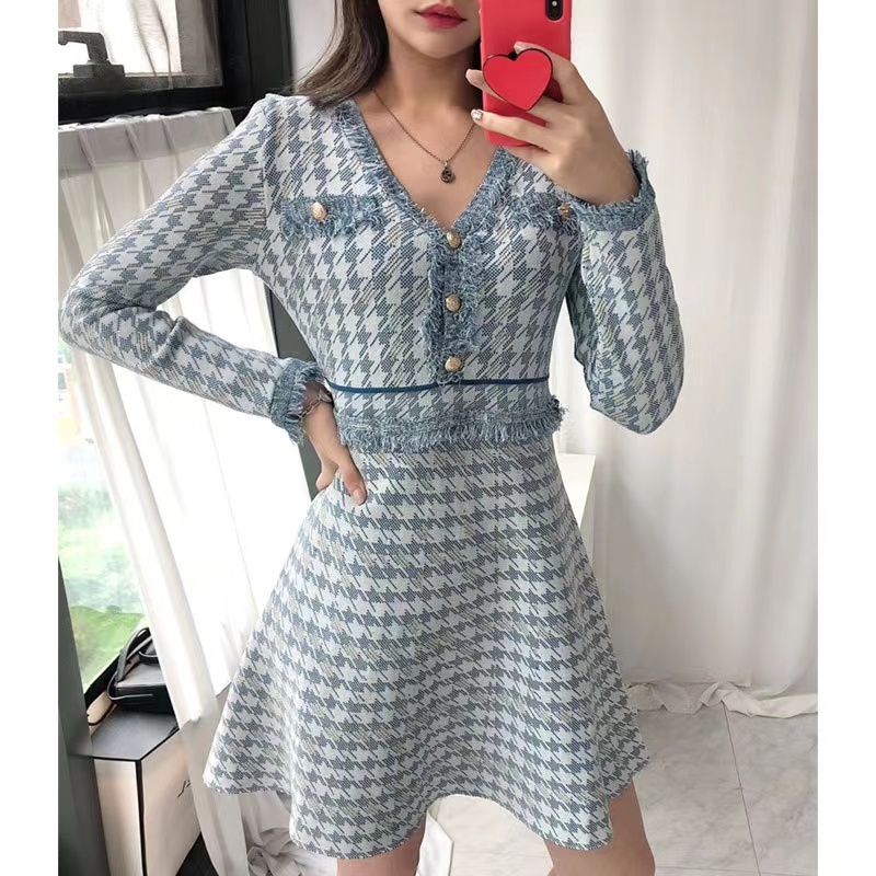 Monica Houndstooth lengan panjang V-neck rajutan gaun wanita temperamen Perancis pinggang ramping V-neck rok A-line