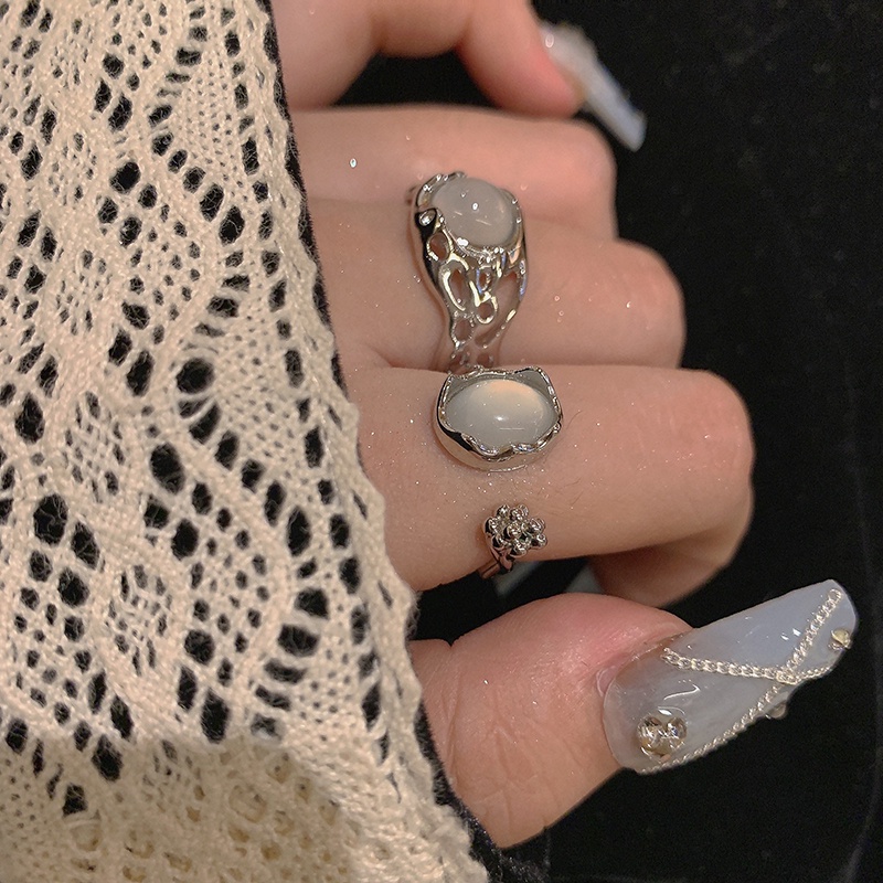 Fashion Silver Opal Rings Set Cincin Untuk Wanita Vintage Finger Ring Perhiasan Y2K Aksesoris