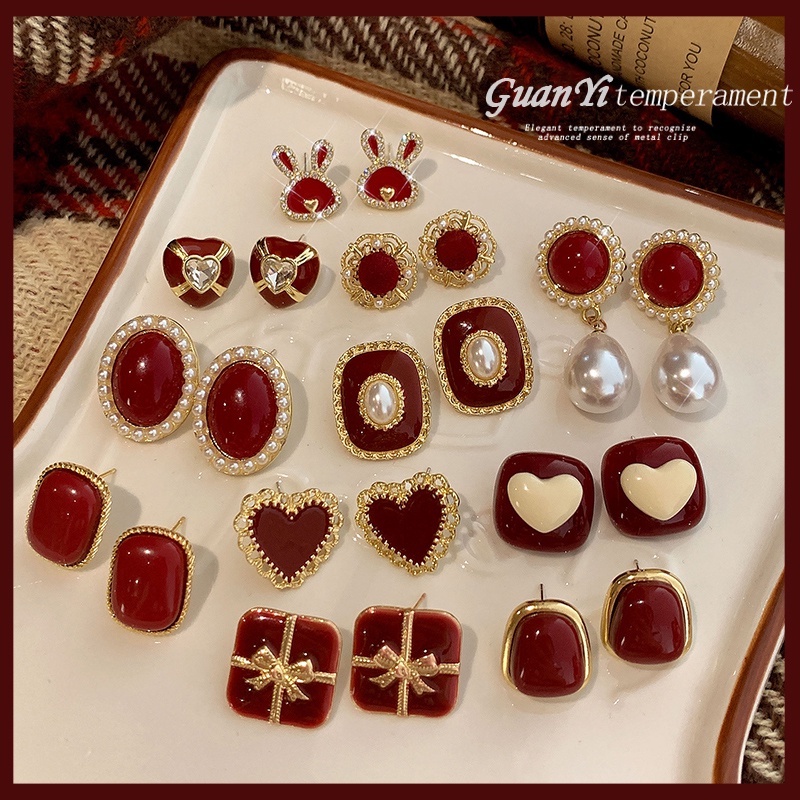 Fashion Vintage Stud Earrings Tahun Baru Anting Merah Anting Indah Mutiara Anting Natal