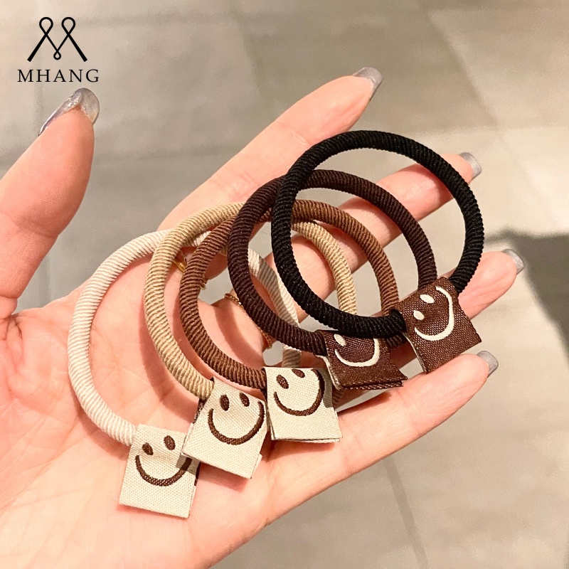 Fashion Simple Basic Smiley Face Hair Rope Tali Rambut Kopi Coklat Elastis Tinggi/Ikat Rambut