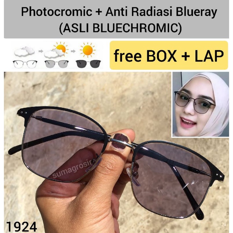 COD - Kacamata Lensa Photocromic + Anti Radiasi Blueray BLUECROMIC Model Kotak Pria Wanita Frame Besi Alloy Photochromic Fotokromik Bluechromic