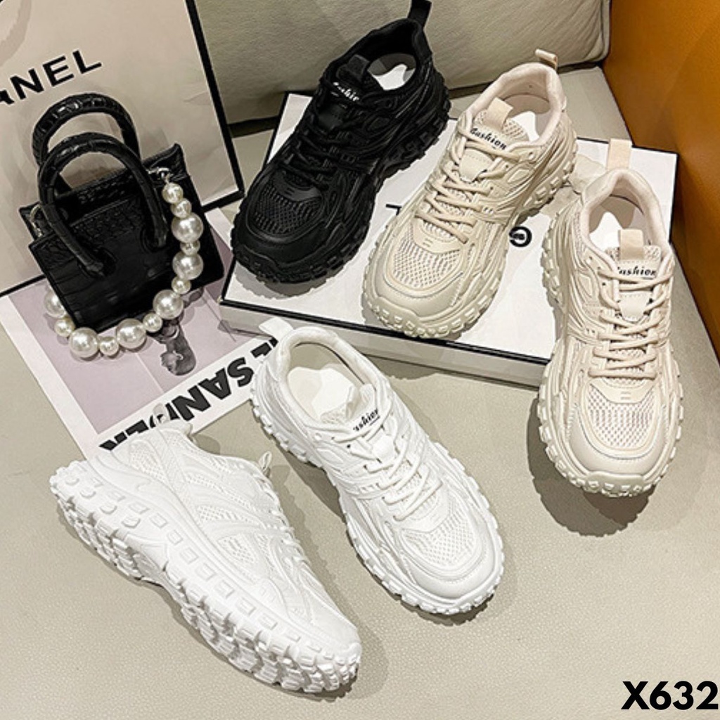 SEPATU SNEAKERS WANITA SOLE TINGGI DESIGN SPRING CASUAL COOL SHOES BAHAN RUBBER PU IMPORT 632