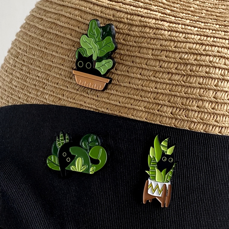 Bros Pin Enamel Desain Kartun Hewan Kucing Hitam Dalam Pot Tanaman Untuk Hadiah Anak