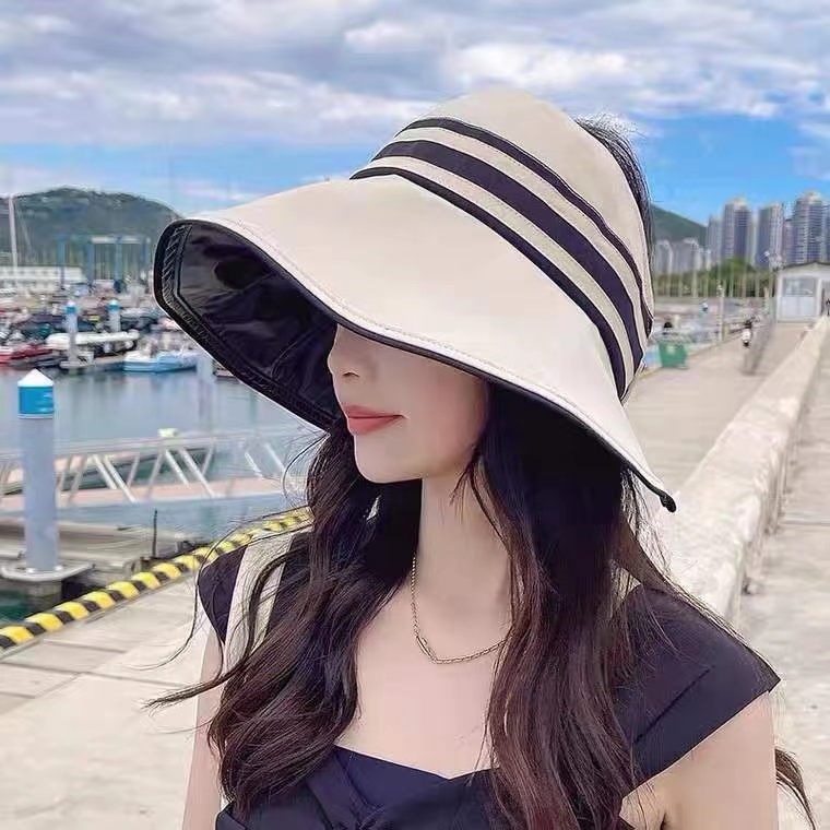 Topi Pantai Lipat Wanita Motif Garis Anti UV Gaya Korea Fashion Top Hat Summer Women Import