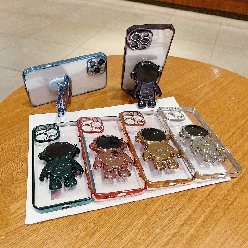 IPHONE Nasa Astronot Lipat Stand Holder Pelindung Lensa Cover Case Untuk Iphone11 12 13 14 Pro MAX Mini XS MAX XR X7 8 Plus SE2 2020 Mewah Plating Shockproof Matte Clear Cover