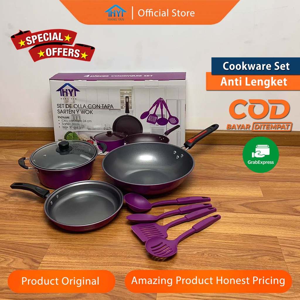 Panci 4 Set Serbaguna Teflon Marble Cookware Set Tutup Kaca Anti Lengket