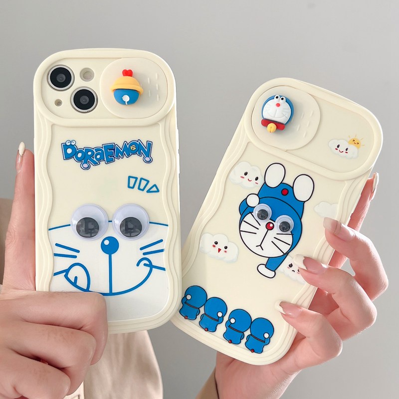 Eyes Move Doraemon Doll Push The Window Cover Soft Case iP iPhone 11 12 13 14 Pro Max + Plus Wavy Casing Apple