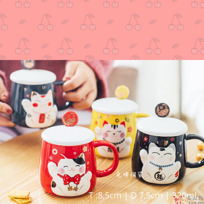 

MANEKI NEKO MUG KUCING NEKO HOKI MUG KERAMIK AIR MINUM KOPI WITH LID