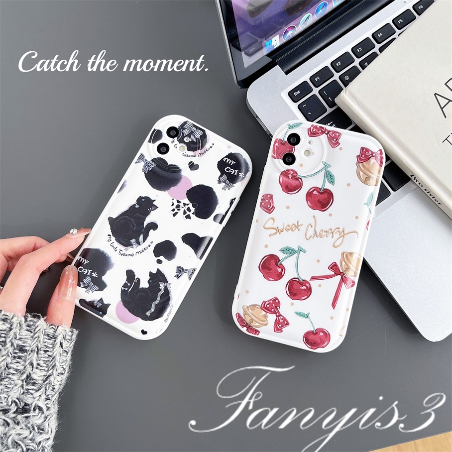 Compatible For iPhone 14 13 12 11 Pro Max X XR Xs Max 8 7 6 6s Plus SE 2020 Kompatibel Untuk Sweet Cherry Black Cat Phone Case TPU Soft Cover Pelindung