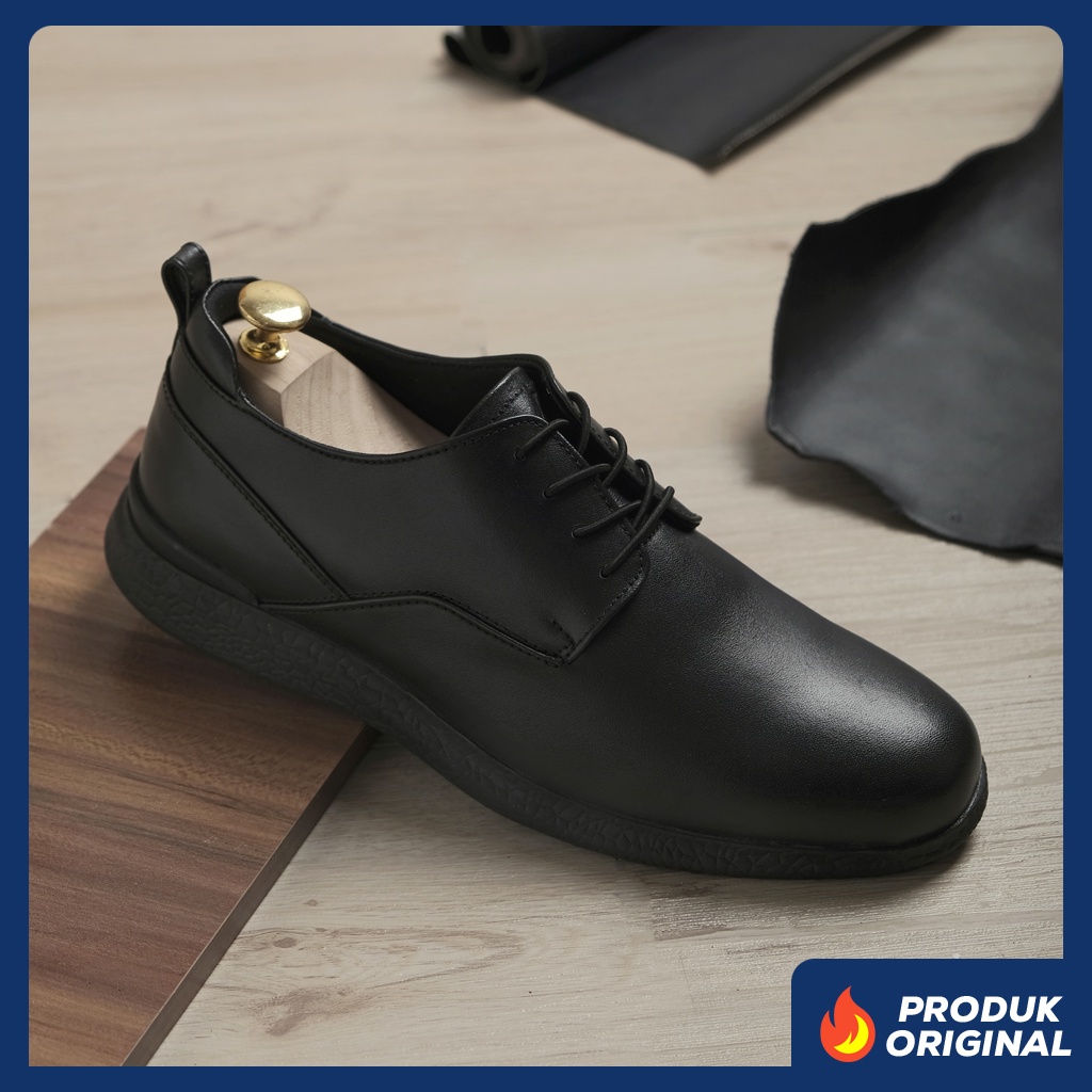 EDISON BLACK ORIGINAL x KENZIOS Sepatu Kulit Sapi Asli Full Hitam Pria Formal Pantofel Tali Kerja Kantor Resmi Guru Kantoran Pesta Undangan Wedding Kondangan Nikah Wisuda Kuliah Semi Casual Derby Modern Oxford Genuine Leather Kenzio Footwear Keren Terbaru