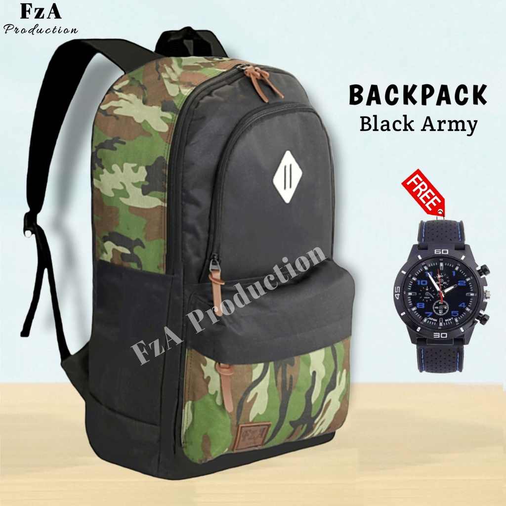 Tas Ransel  Punggung Distro Casual Pria Wanita / Tas Ransel Laptop Original - FzA Gratis Jam Tangan Sport