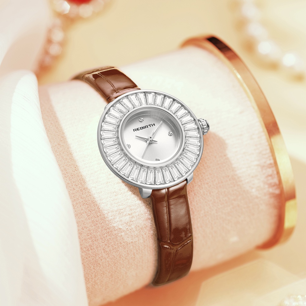 REBIRTH Jam Tangan Wanita Anti Air Original Fashion Elegant Delicate Diamond Dial Tali Leather  Quartz Jam Tangan Cewek