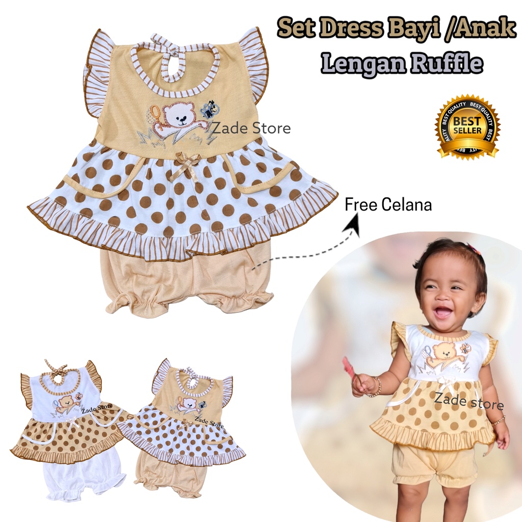Set dress bayi + Celana setelan one set lengan ruffle baju bayi perempuan rok bayi daster bayi baru 