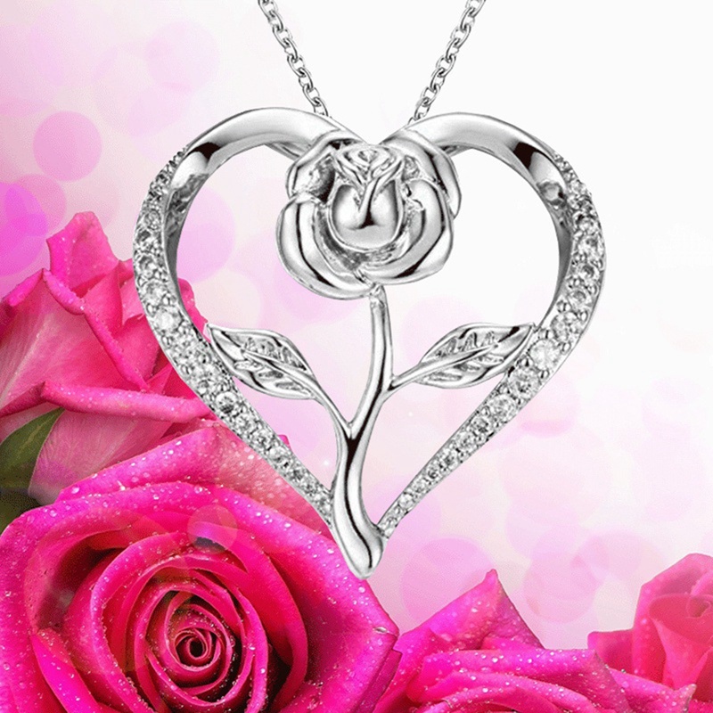 Kalung Fashion Wanita Perhiasan Aksesoris Desain Mawar Alloy Love Hias Kristal Necklace Untuk Wanita