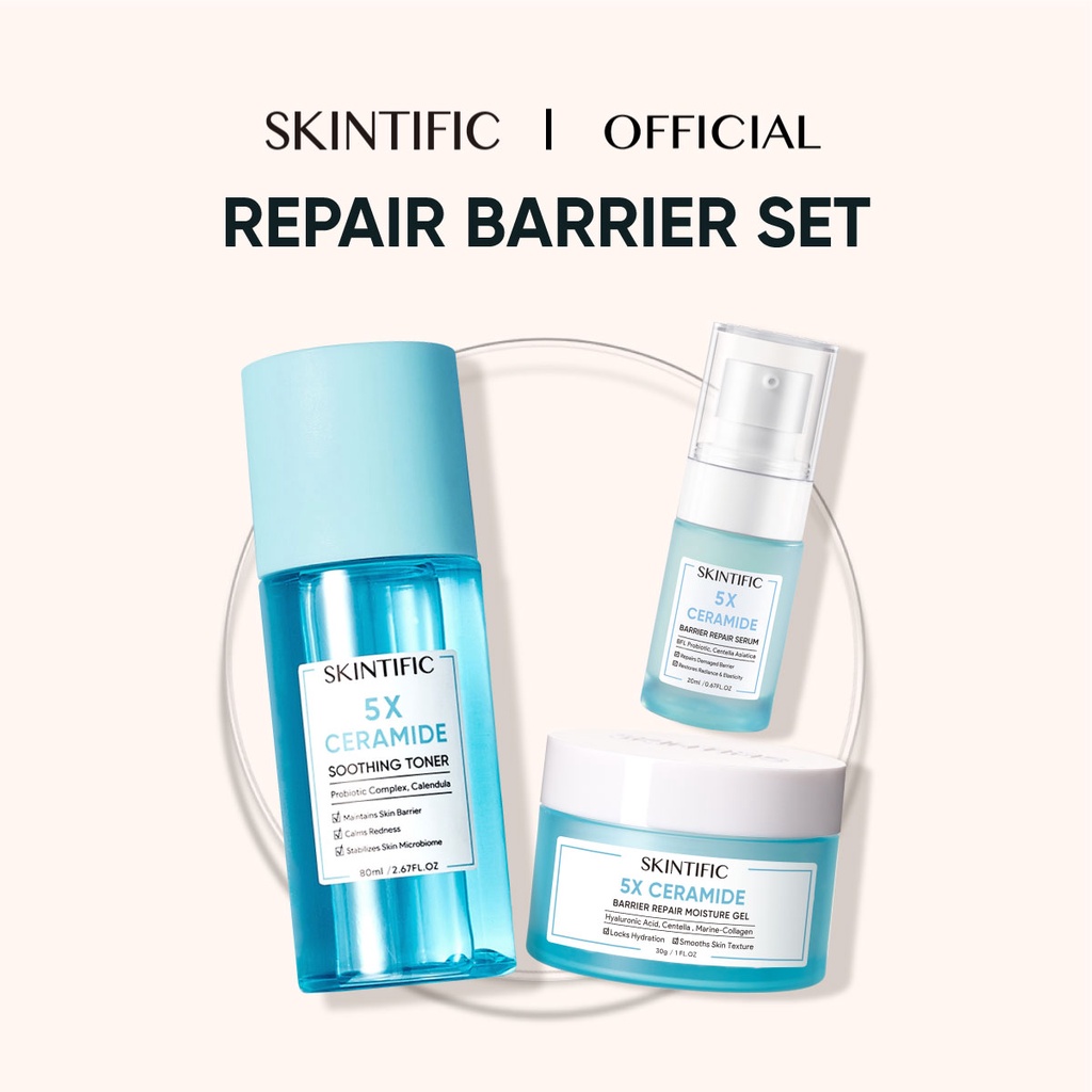 SKINTIFIC-3pcs Paket Skincare set 5X Ceramide Barrier Repair Moisturize Gel Moisturizer 30G &  5X Ceramide Barrier Repair Serum 20ml BPOM & 5X Ceramide Soothing Toner 80ml