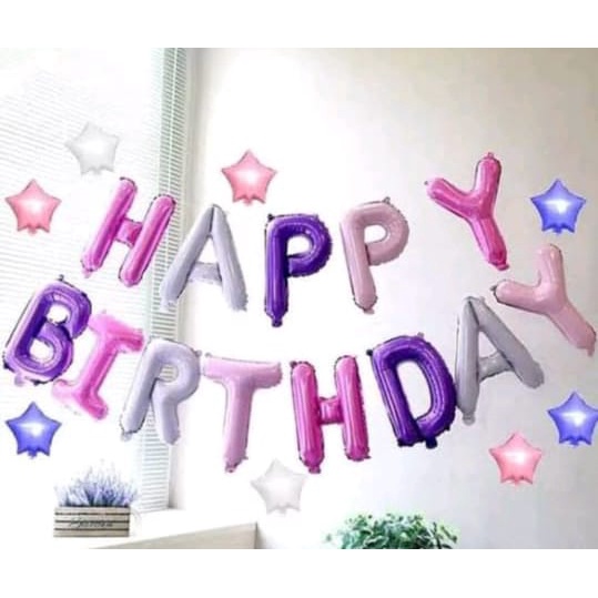 Balon Foil Set Happy Birthday Pastel Ungu Pink / Balon Hbd Anak Set Pink Ungu