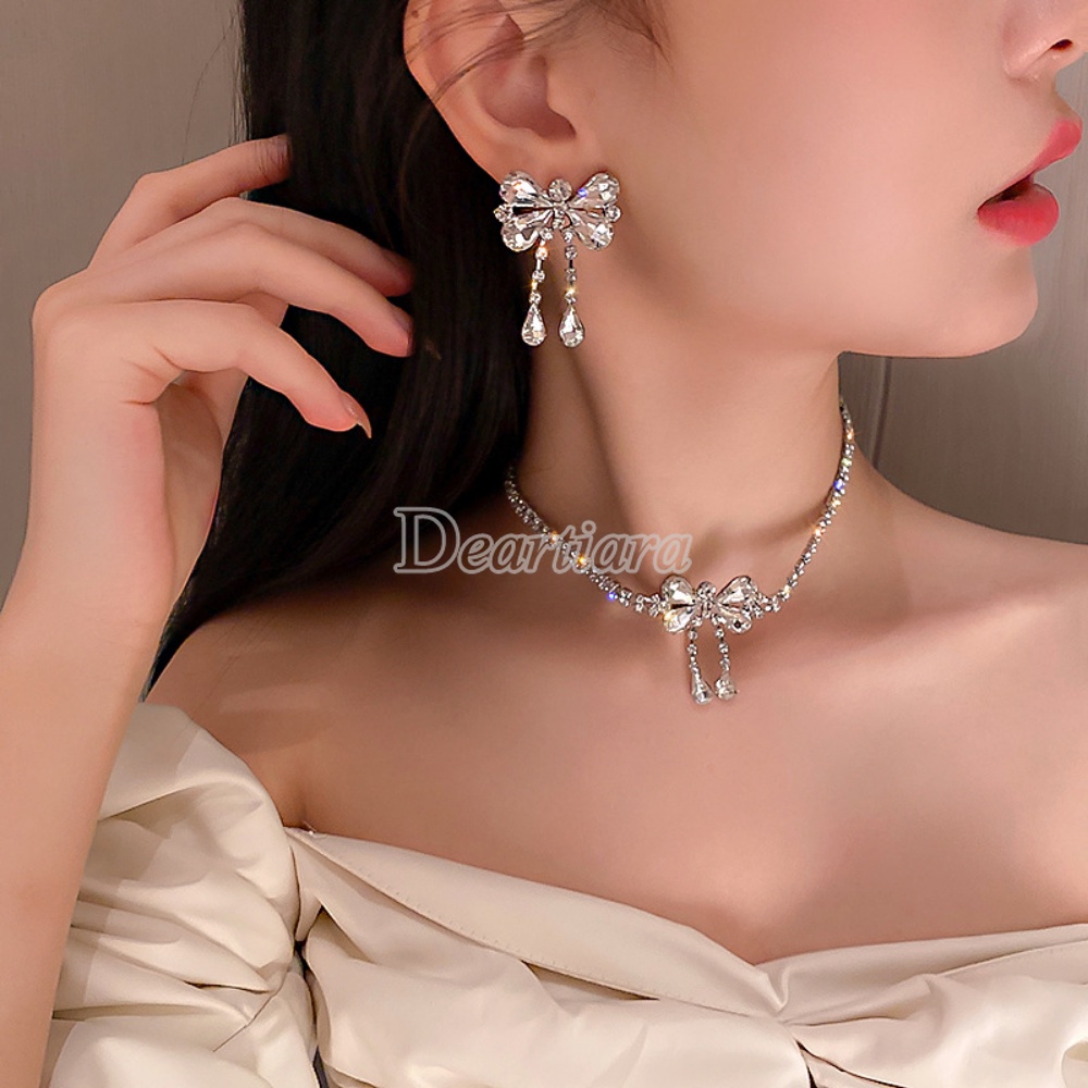 Fashion Kepribadian Berlian Bertatahkan Busur Kalung Anting Set Kepribadian Kalung Penuh Berlian Kalung Wanita