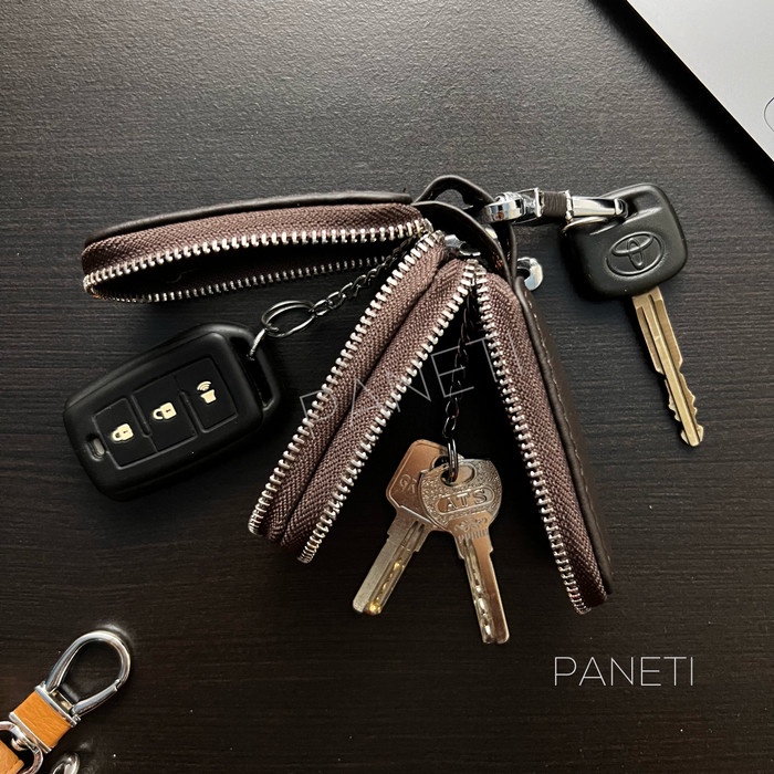 Gantungan Kunci Mobil / Motor Dual Zipper Kulit Asli Premium Dompet STNK Remote Keyless PANETI