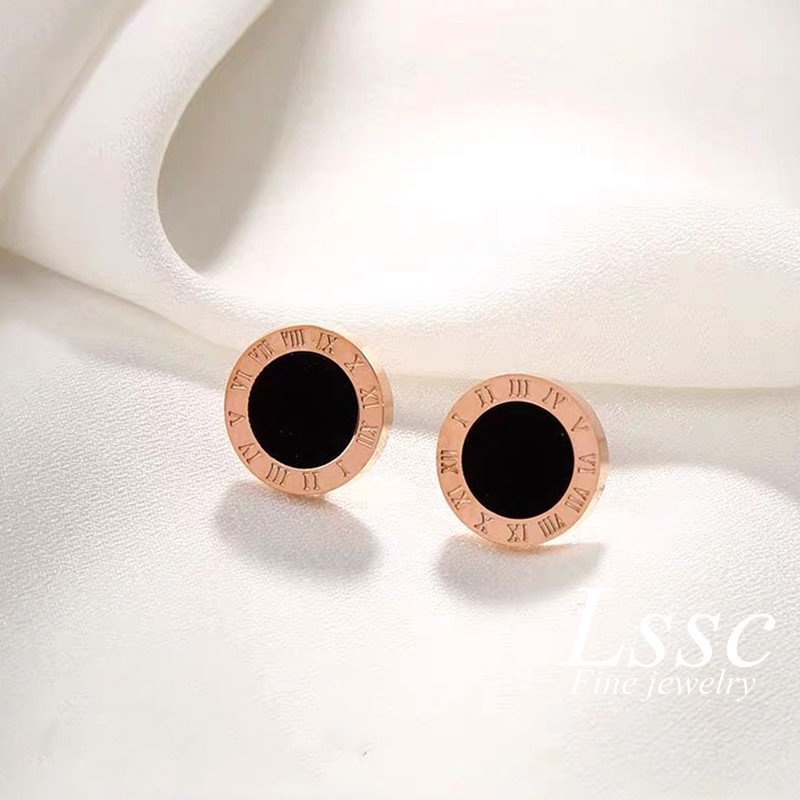 Anting Titanium Anti Karat Bulat Hitam Anting Tusuk Emas 18K Aksesoris Wanita Korea Fashion