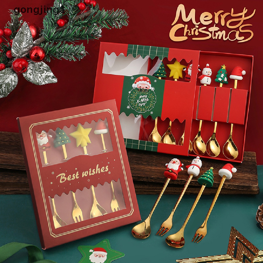 Ggg 4PCS/6PCS Christmas Gift Cutlery Sendok Garpu Set Elk Dekorasi Pohon Natal Dessert Spoon Fruit Fork Sendok Kopi Cutlery Gift ID