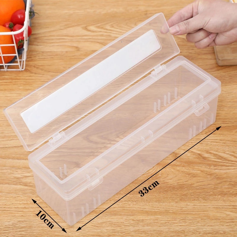 ღ Plastik Cling Film Pemotong Makanan Bungkus Dispenser dengan Adjustable Slide Cling Film Cutter Pelestarian Foil Kotak Penyimpanan