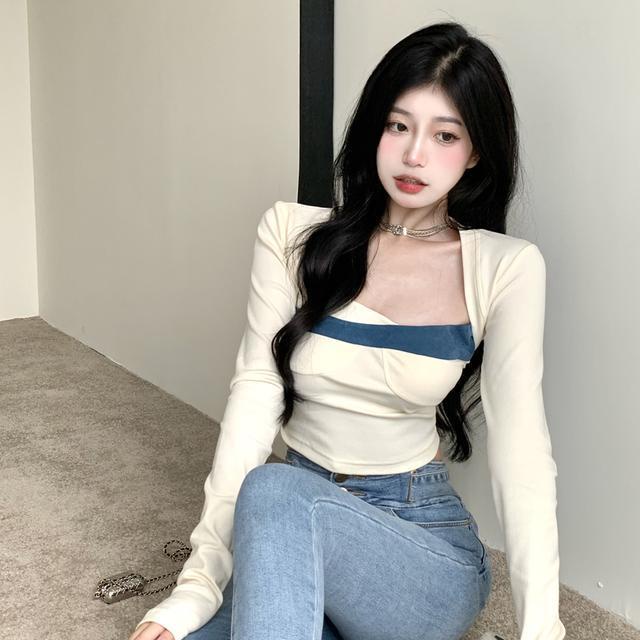 Suhao Warna Kontras Kerah Persegi Sweater T-shirt Wanita Setelan Jas Pendek Ketat Tube Top Kemeja Putih Atasan Lengan Panjang