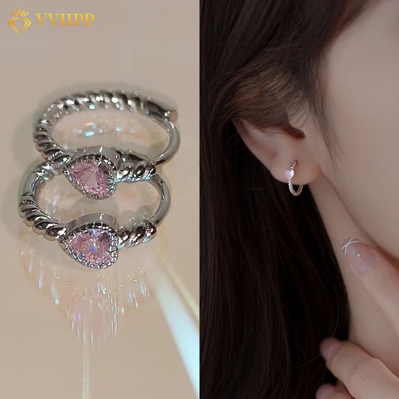 Anting Korea Pink Kristal Hati Anting Hoop Silver Anting Hoop Untuk Aksesoris Perhiasan Wanita