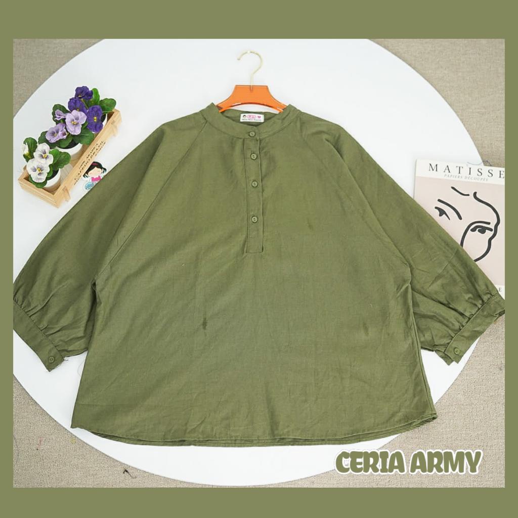 BEFAST - ZFS Blouse LIDI Linen Kerah Sanghai Kancing Hidup / CERIA LINEN BLOUSE / HEM Wanita Casual / Atasan Lengan 3/4 / Pakaian Kekinian Wanita Kerja / Kemeja Polos Formal / Outifit Daily Wanita Simple