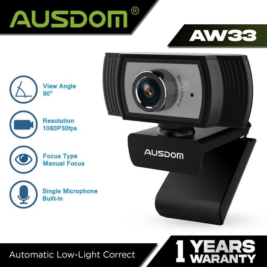 Ausdom AW33 Webcam 1080P dengan Mikrofon Fokus Manual Hitam