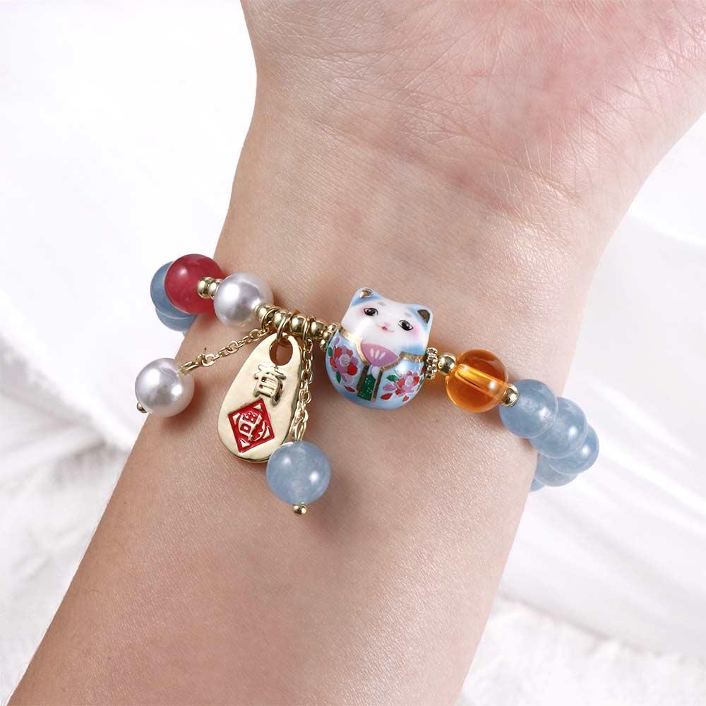 Needway   Gelang Manik Lucu Antik Gelang Adjustable Mutiara Emerald Bangles Gaya Etnik Rejeki Kucing Maneki Neko Kristal Perempuan Tangan Rantai