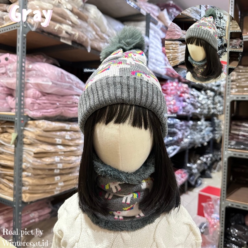 Kids beanie set winter topi syal hangat anak bayi Baby hat neck warmer import musim dingin cowok cewek unicorn