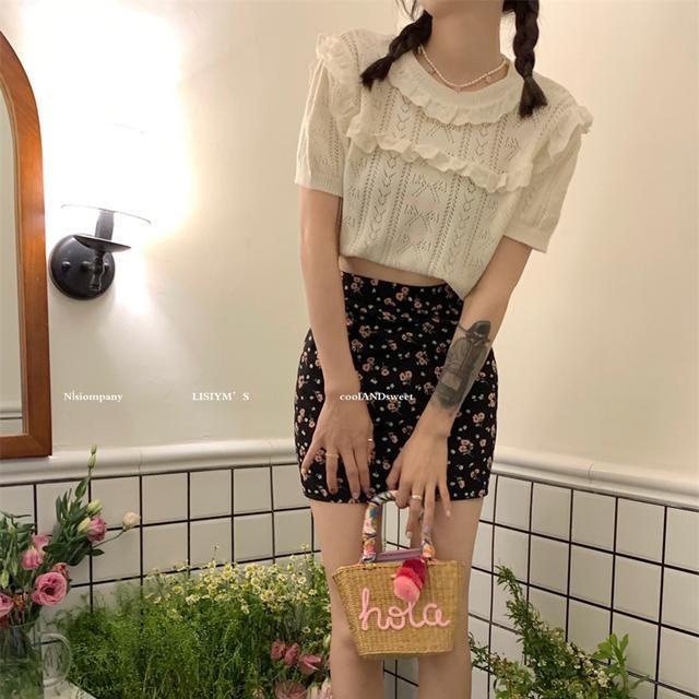 Suhao Kayu Telinga Berongga Rajutan Sweater Wanita Musim Panas Setelan Jas Retro Longgar Slim Desain Pendek Lengan Pendek top